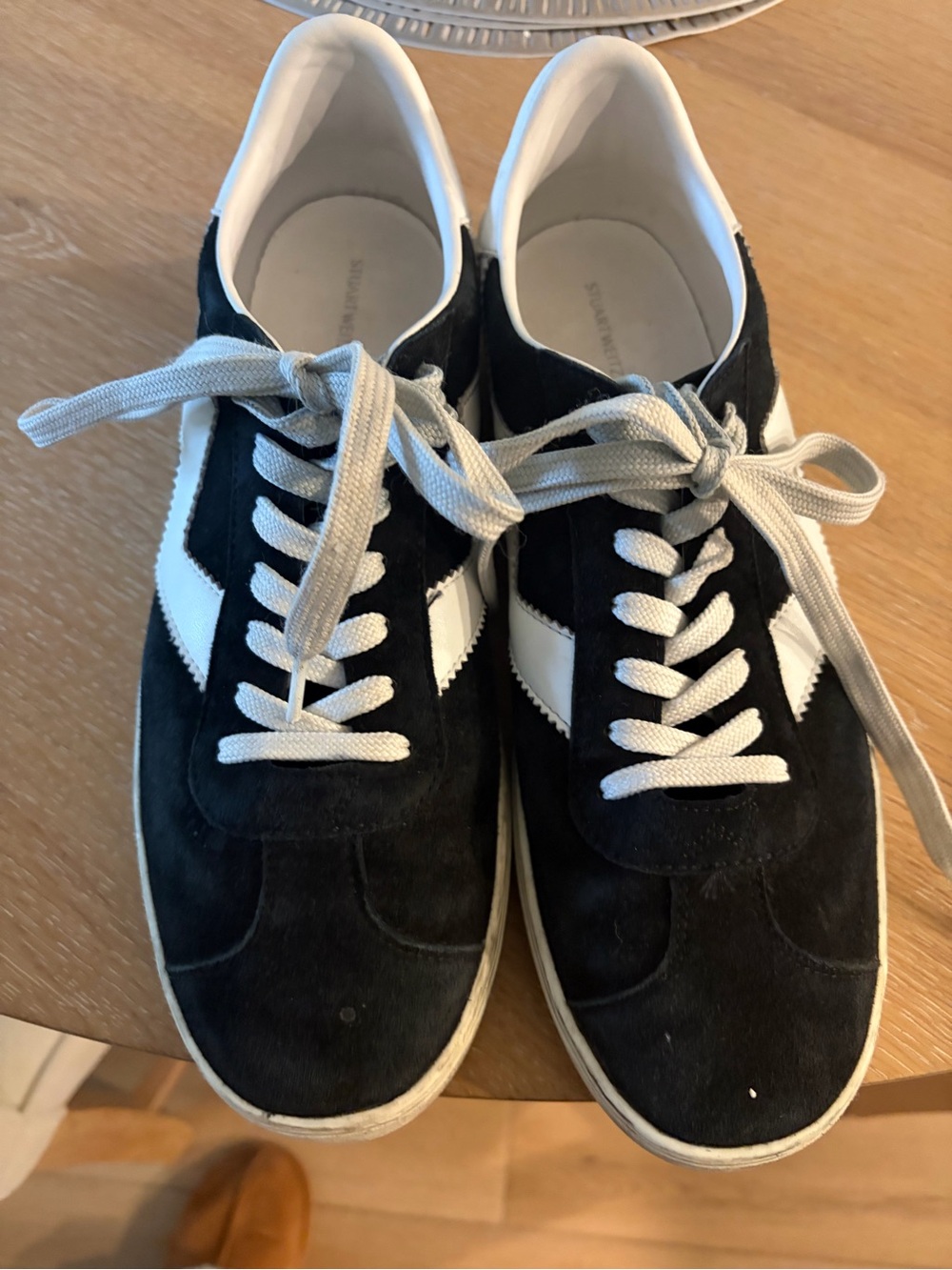 Stuart Weitzman Black Suede Sneakers with White Stripe